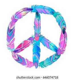 Peace sign made of colored bird feathers. Hippie symbol. Sixties Boho Style. Tribal Native American Indians Motifs. Design for T-shirt. Vector illustration.