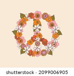 peace sign made of flowers, hippie symbol, vector illustration