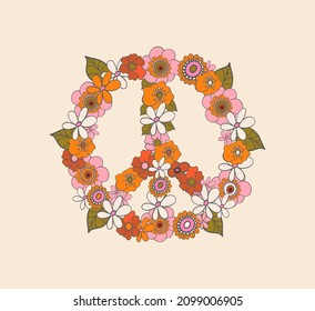 peace sign made of flowers, hippie symbol, vector illustration