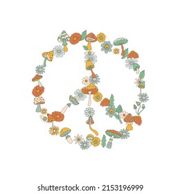Peace sign made of flowers and mushrooms. Hand drawn flat vector illustration.