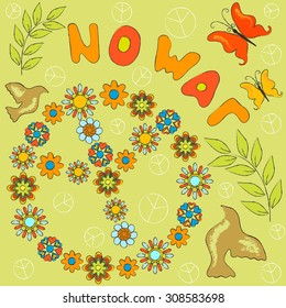 peace sign made of flowers and the words no war