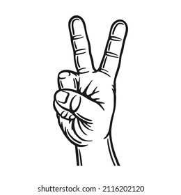 Peace sign. Male hand gestures. Outline silhouette. Design element. Vector illustration isolated on white background. Template for books, stickers, posters, cards, clothes.