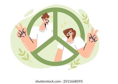 Peace sign with man and woman showing v gesture calling for end of war and friendship between people. Happy couple with peace symbol stand for humanism or freedom of all inhabitants of planet