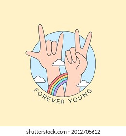 peace sign and metal hand with colorful rainbow and cloud vector illustration for happy youth day forever young campaign cartoon doodle style design