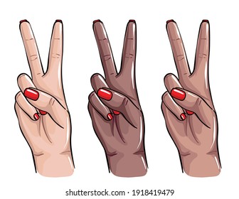 Peace sign nails hands art. Two fingers sign. Black women , latina and white women hand gesture,  red nail polish sketch,  beauty saon procedure . Vector sketch 