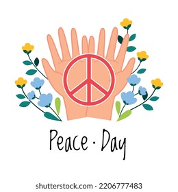 Peace Sign on Human Hands Among Blooming Flowers as Symbol of Friendship and Harmony Vector Illustration