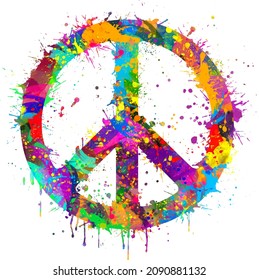 Peace sign over abstract colorful paintbrush splashes. Peace symbol