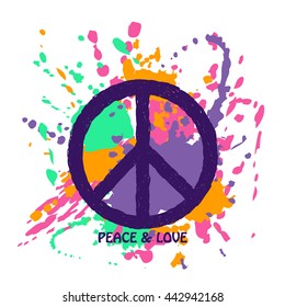 Peace sign over abstract colorful paintbrush splashes grunge background. Peace and love hippie symbol.