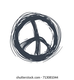 Peace sign. Pacifist hand drawn symbol in black and white colors. Vector hippie background