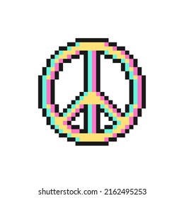 Peace sign, pacifist symbol in pixel art design isolated on white background