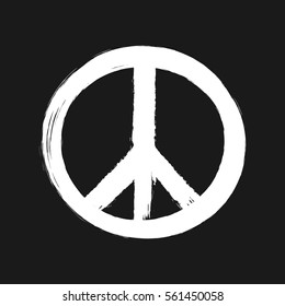 Peace sign painted brush. White hippie logo isolated on black background.  Grunge.