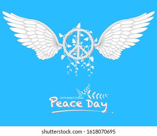 Peace sign and pigeon wing on blue background. Vector illustration design. The concept of international peace day and freedom.