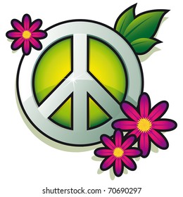 Peace sign with pink flowers isolated on white background - vector