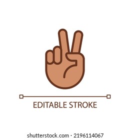 Peace sign pixel perfect RGB color icon. Pacifistic hand gesture. Positive wish. Communication. Isolated vector illustration. Simple filled line drawing. Editable stroke. Arial font used