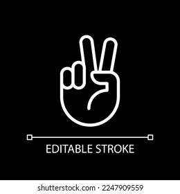 Peace sign pixel perfect white linear icon for dark theme. Pacifistic hand gesture. Positive wish. Thin line illustration. Isolated symbol for night mode. Editable stroke. Arial font used