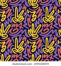 Peace sign seamless pattern. Hand drawn doodle in yellow, purple, and red in dark blue.