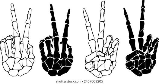 Peace sign skeleton hand set, hand print peace illustration vector