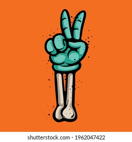 Peace sign skeleton hand wearing glove vector drawing. Peace illustration isolated on orange background