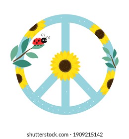 Peace sign with sunflower, green leaves and ladybug isolated on white background vector.
