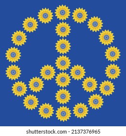 Friedenszeichen mit Sonnenblumen. Anti-Krieg-Symbol in der Ukraine Flaggenfarben. 