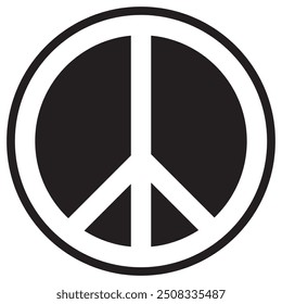 Peace Sign and Symbol Icon. White Vector on Black Circle. Calm Concept. Antiwar.