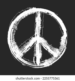 Peace sign symbol. Ink hand drawn. Grunge painted symbol of peace on black background