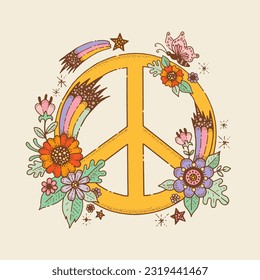 Signo de paz, símbolo de poder amoroso en los años 70 y 60. Icono retro del símbolo hippie con flores, mariposa, estrella y arcoiris en estilo boho, ilustración de sketch vectorial. Resumen de la impresión floral del símbolo de la paz