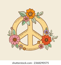 Peace sign, symbol of love power in 70s and 60s. Retro icon of hippie sign with daisy flowers in boho style. Vector sketch illustration. Abstract floral print of peace symbol in pastel sunny color