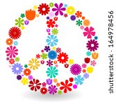 Peace sign or symbol made by colorful flowers with shadow on white