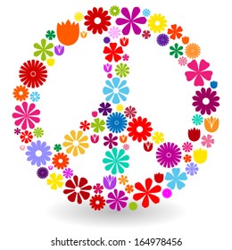 Peace sign or symbol made by colorful flowers with shadow on white