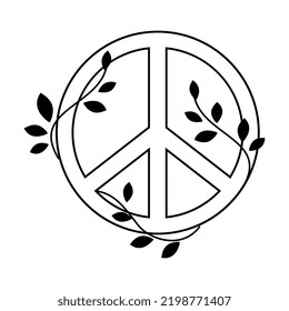 Peace Sign with Twining Twigs as Symbol of Friendship and Harmony Outline Vector Illustration