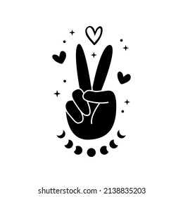 Peace sign with two fingers moon phase and hearts