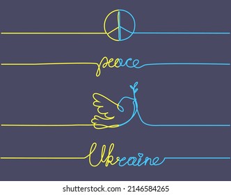 Peace sign in Ukraine, a dove with an olive branch, . Save Ukraine. Drawing with one continuous line.