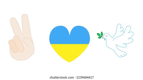Peace, sign of peace Ukraine. Hand, Heart, Dove are united by one idea, concept. Vector drawing