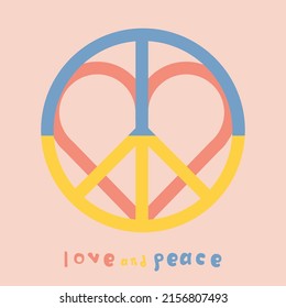 Peace sign with Ukrainian flag vector poster. Concept of peace in Ukraine. Peace and love. Save Ukraine, no war.