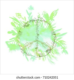 Peace sign. Vector floral emblem with botanical elements.