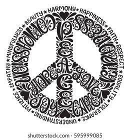 Peace Sign Vector illustration - Hand drawn lettering design with words love, hope, care, kindness, love, joy and others. For t-shirt, emblem, logo, poster. Unique creative typography design. 