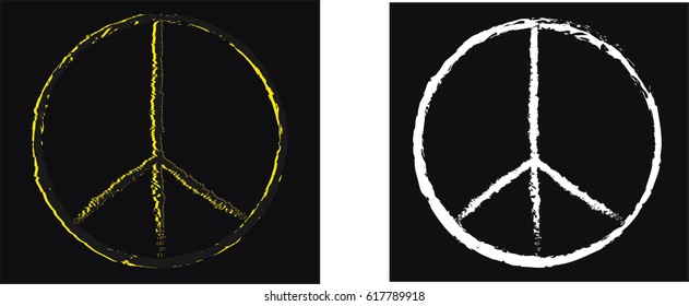 Peace sign vectors. The universal peace symbols in light colors yellow and white placed on a black background creating a modern contrast