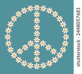 Peace sign in white flowers in groovy style, retro, vintage. Vector illustration EPS10