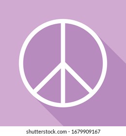 Señal de paz. Icono blanco con una larga sombra en fondo morado.  Ilustración.