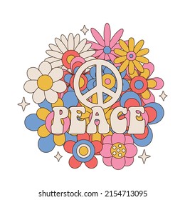 Peace Sign And Word On Colorful Flowers Round Daisy Bouquet Isolated On White Background. Linear Color Vector Illustration.