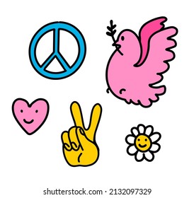 Peace signs elements. Symbols of freedom and goodness. Dove of peace, heart, hand and flower. Hippie elements in 60s-80s style.