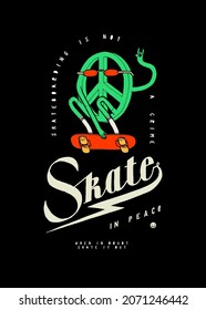 Patinador de paz. Símbolo de pacifismo, patinaje en gafas de sol elegantes. Patinar en paz. Ilustración vectorial de la tipografía vintage de skateboarding.