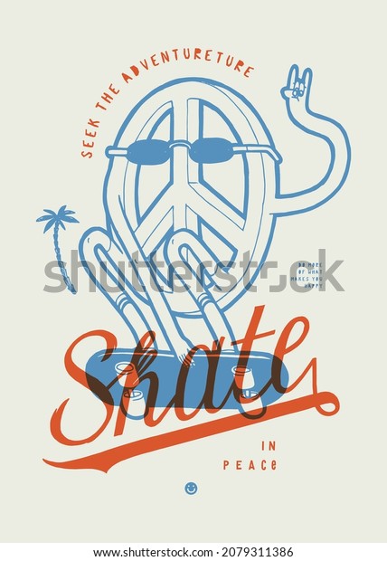 Peace Skater. Peace sign character\
skateboarding in stylish sunglasses vintage typography t-shirt\
print vector\
illustration.