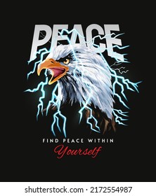 peace slogan with eagle head and lightning vector illustration on black background