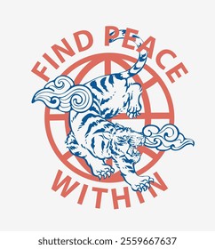 peace slogan with tiger and blobe symbol vector illustration