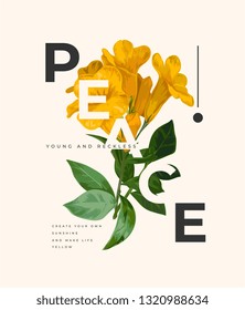 peace slogan with yellow elder flower illustration