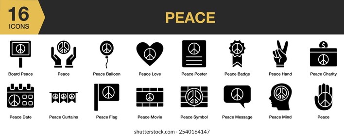 Conjunto de iconos sólidos de paz. Incluye amor, mensaje, mente, película, póster, símbolo, paz y más. Colección de Vector de iconos sólidos.