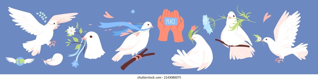 Peace stickers set vector illustration. Cartoon trendy labels collection with hands hold paper card, white pigeons fly with twig, wings isolated on blue background. International peace day concept