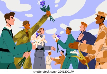 Peace, stop war concept. People, soldiers celebrating end, finish of conflict. International peaceful happy humans with flowers at celebration of victory, love and support. Flat vector illustration